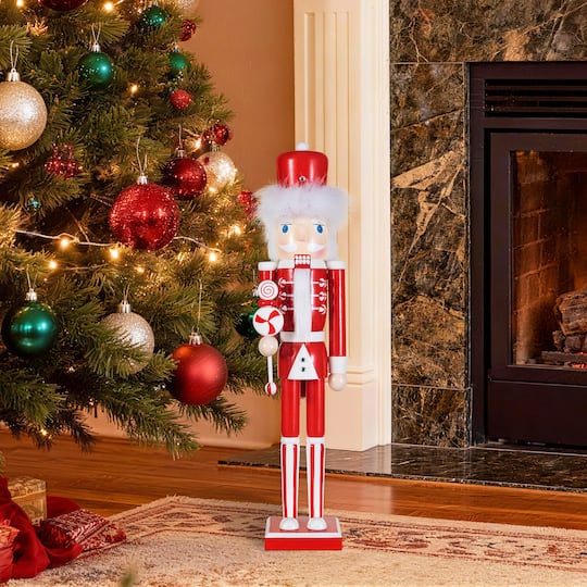 Glitzhome® 24.25" Wooden Christmas Peppermint Nutcracker